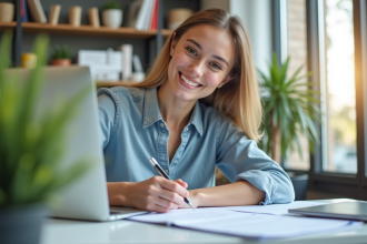 Étudiant souriant remplissant des formulaires dans un bureau lumineux