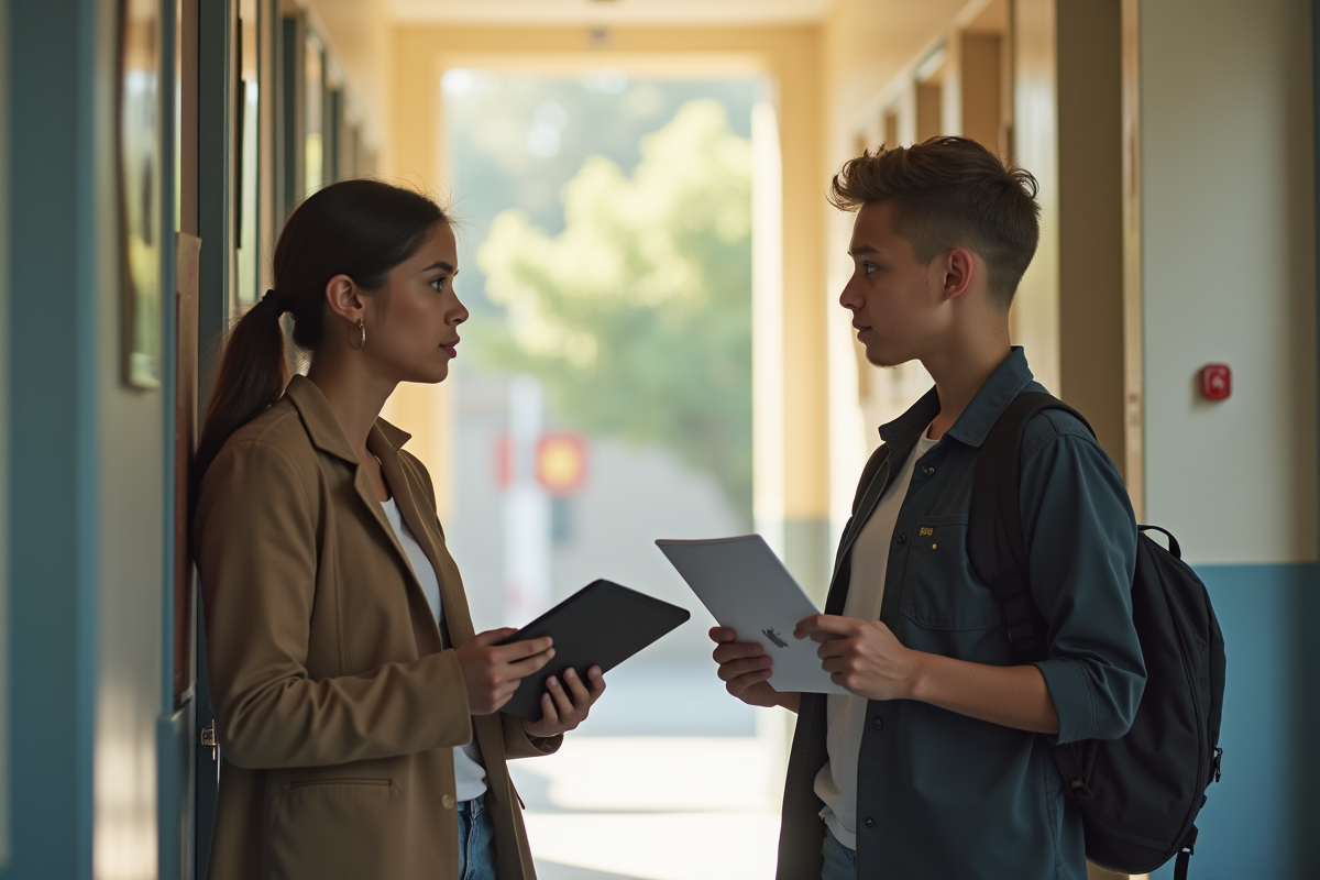 Jeune assistant scolaire parlant avec un élève dans un couloir lumineux