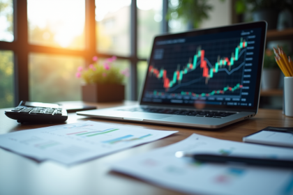 Bureau moderne avec ordinateur et rapport financier