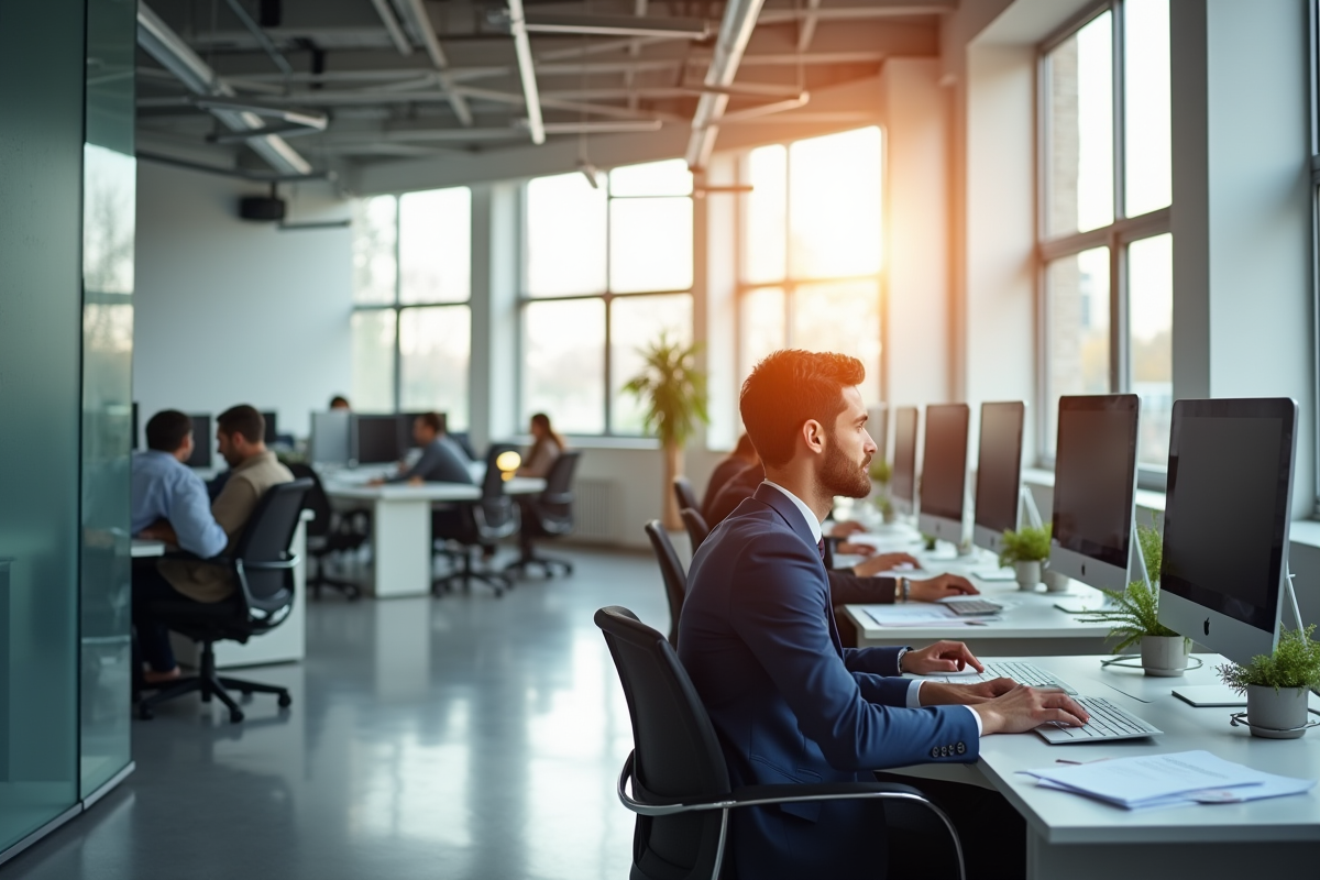 Bureau moderne espace ouvert avec professionnels au travail