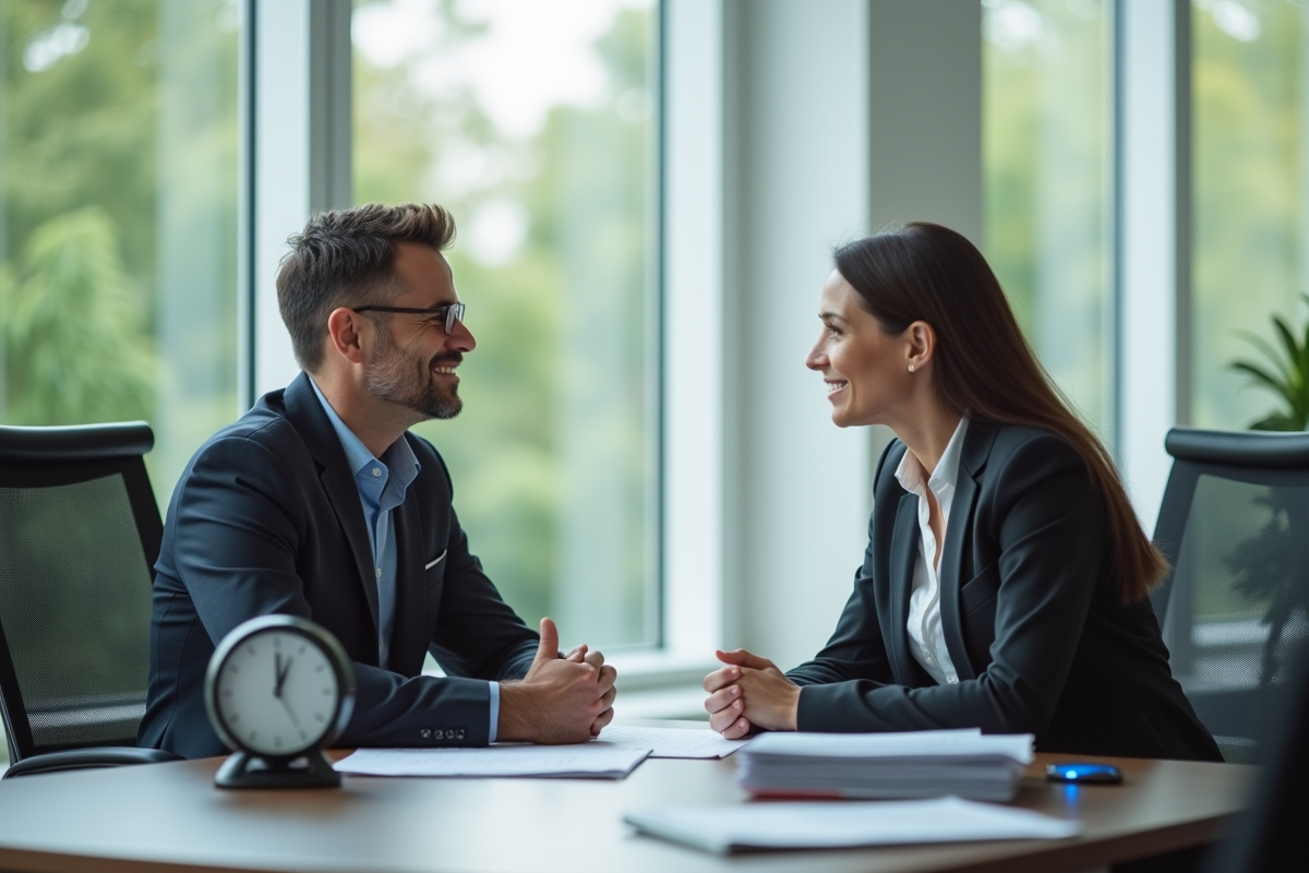 Coach professionnel et client discutant au bureau lumineux