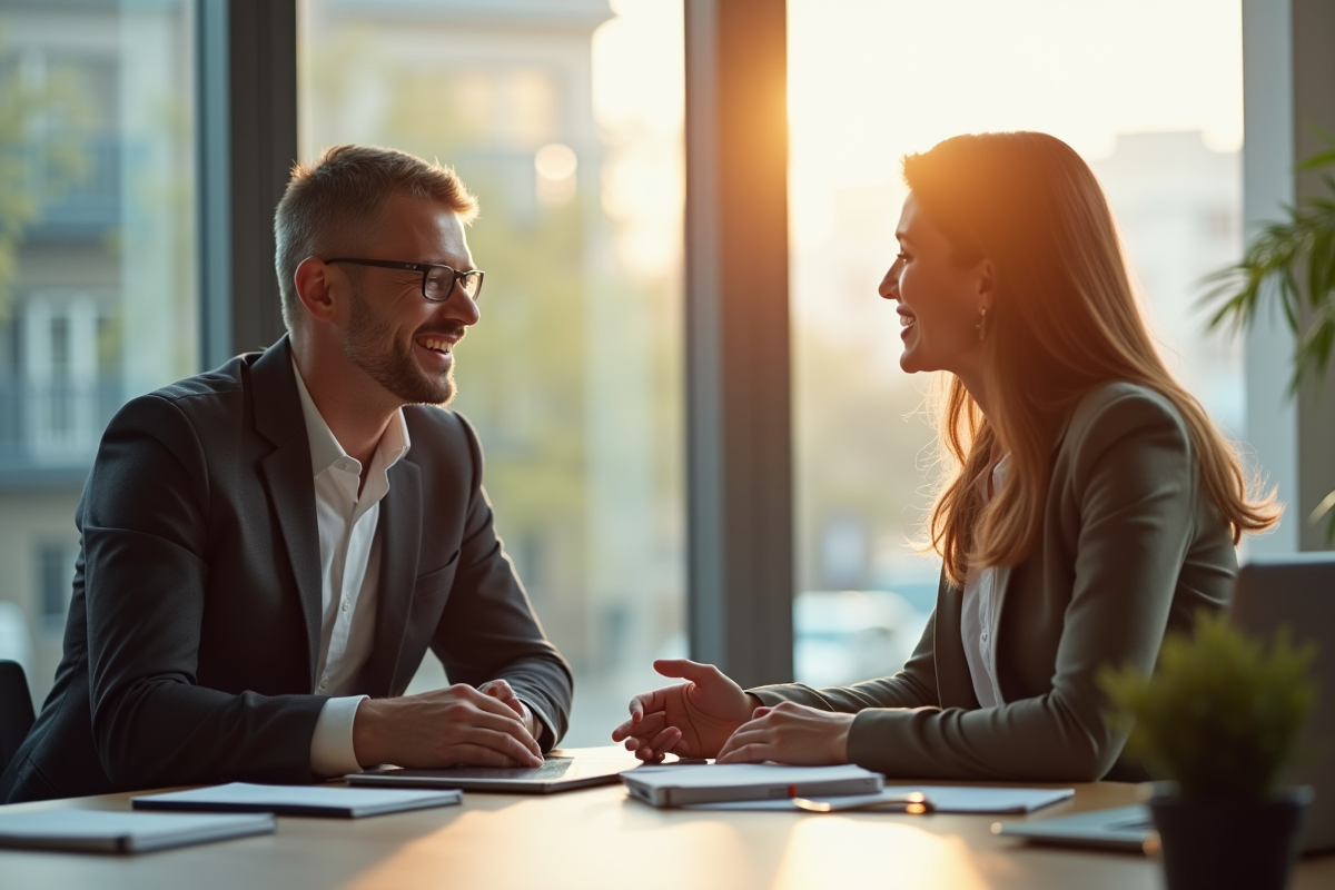 Coach professionnel accueillant un client dans un bureau lumineux