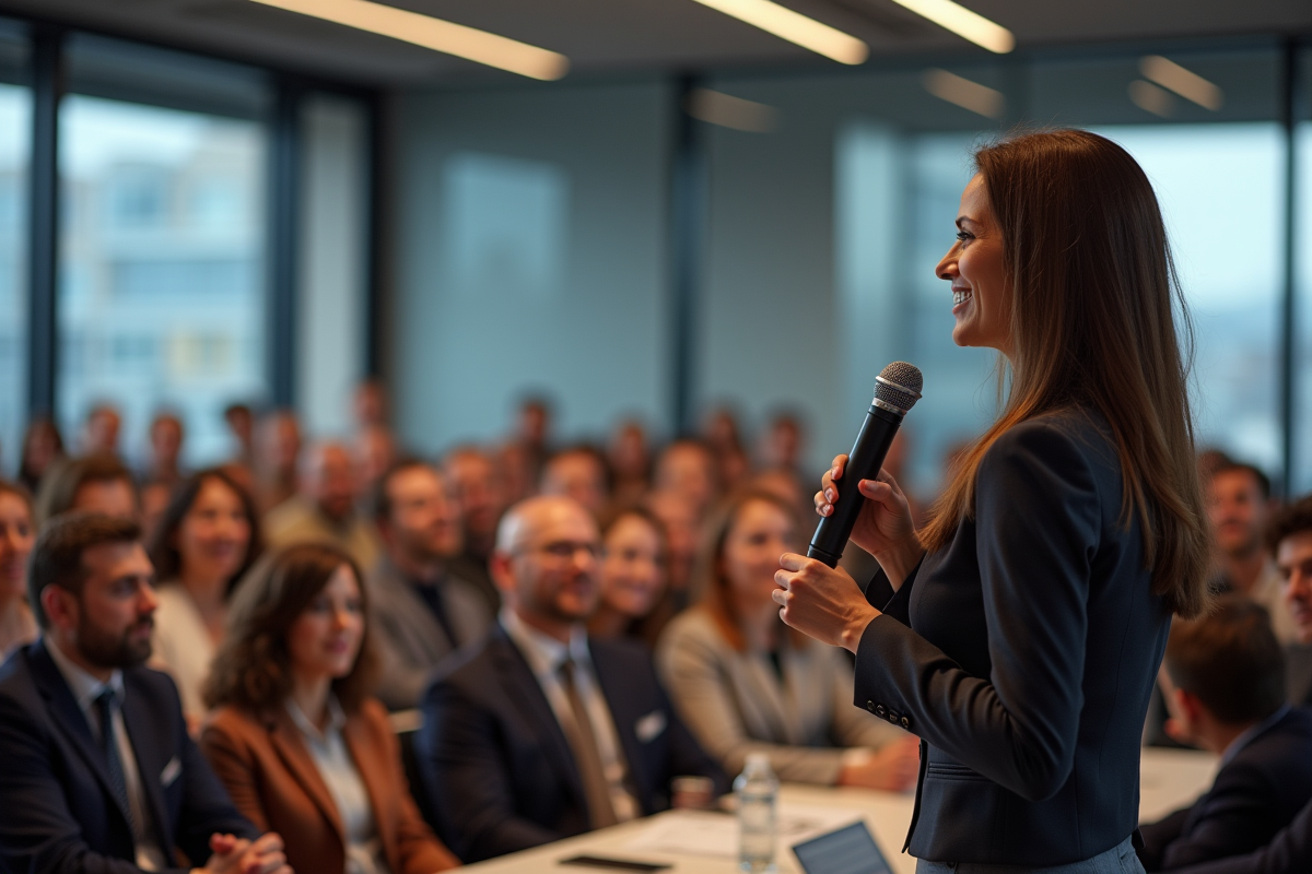 Femme confiante donnant un discours lors d'une conférence
