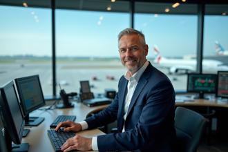 Homme d'âge moyen en uniforme dans une salle de contrôle aérien