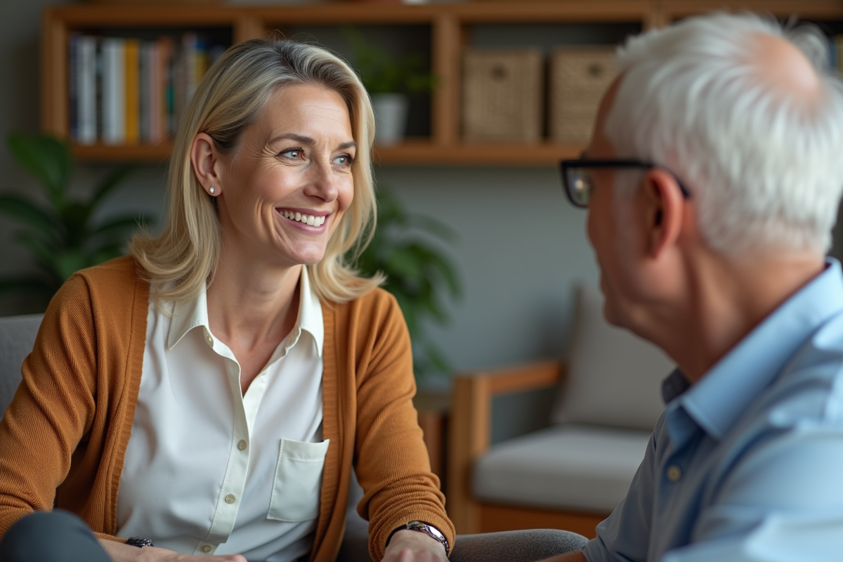 Femme d'âge moyen souriante avec un homme âgé dans un salon chaleureux