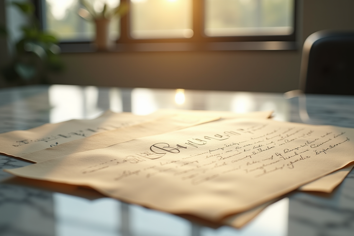Diplomes anciens et manuscrits sur une table en marbre