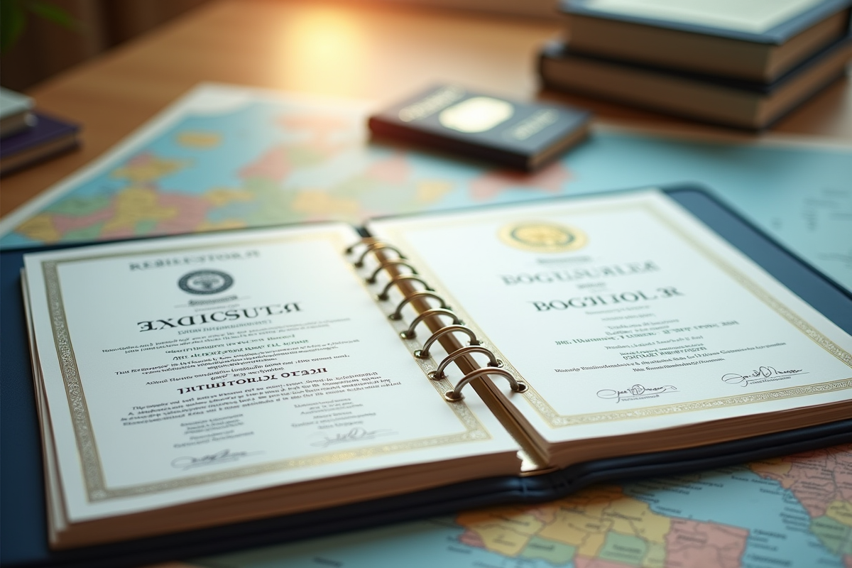 Dossier ouvert avec certificats et passeports sur un bureau lumineux