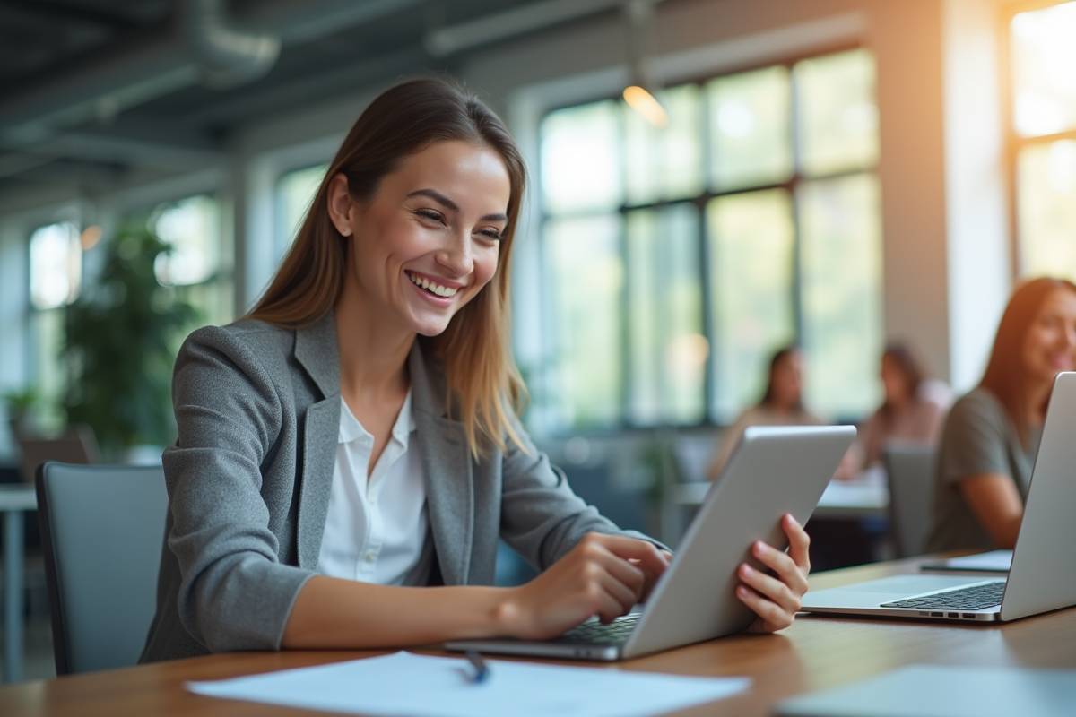 Employe souriant utilisant une tablette au bureau