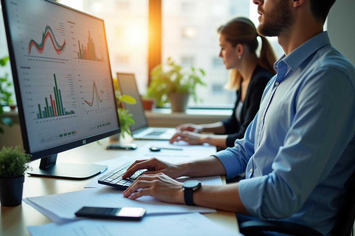 Employe concentré analysant des graphiques sur son ordinateur
