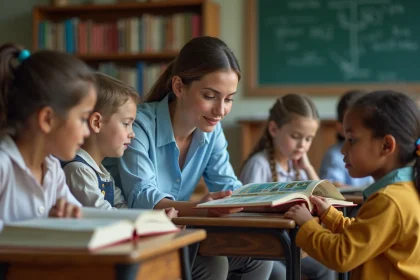 Enseignante primaire aidant des enfants en classe