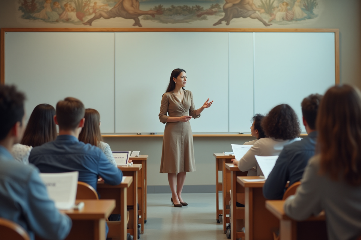 Professeure guidant un groupe en amphithéâtre lumineux
