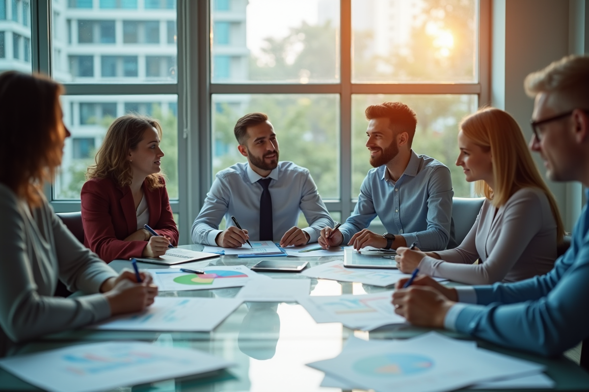 Equipe d'analystes financiers dans un bureau lumineux