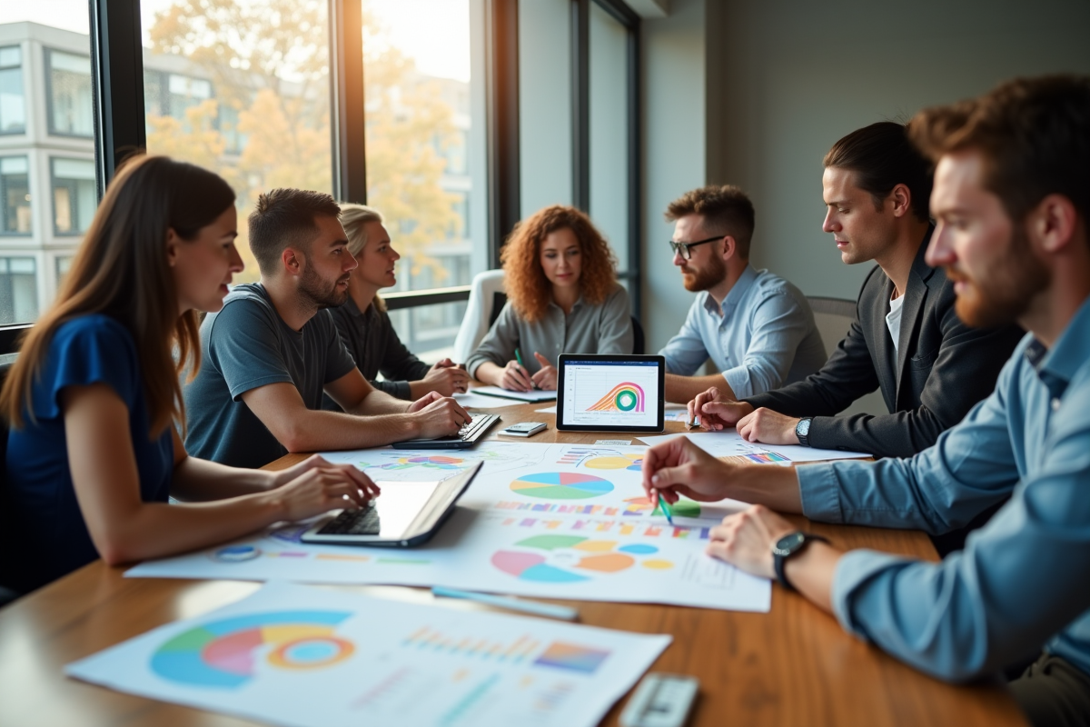 Groupe de professionnels collaborant autour d'une table avec graphiques
