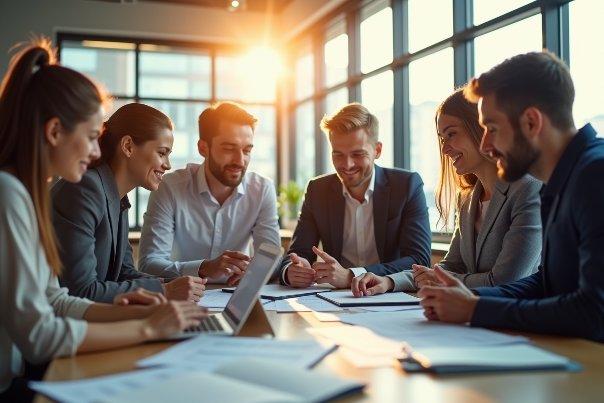 Groupe de professionnels collaborant dans un bureau lumineux