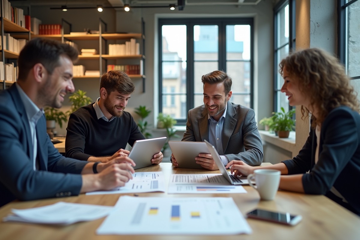 Groupe de professionnels discutant autour d