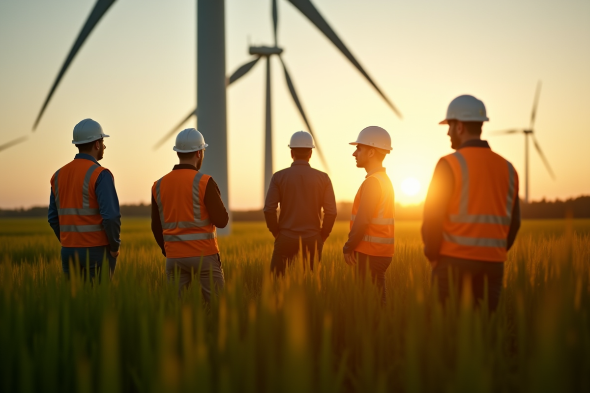 Groupe d'ingénieurs et scientifiques environnement examinant une éolienne au lever du soleil