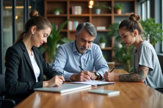 Trois professionnels en réunion dans un bureau moderne