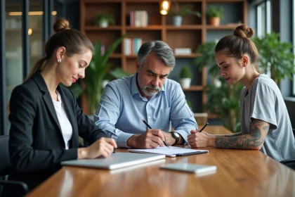 Trois professionnels en r&eacute;union dans un bureau moderne