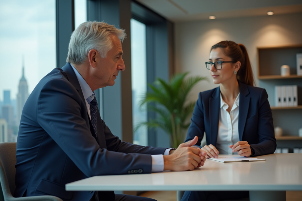 Homme executif en costume navy écoute une coach d'affaires