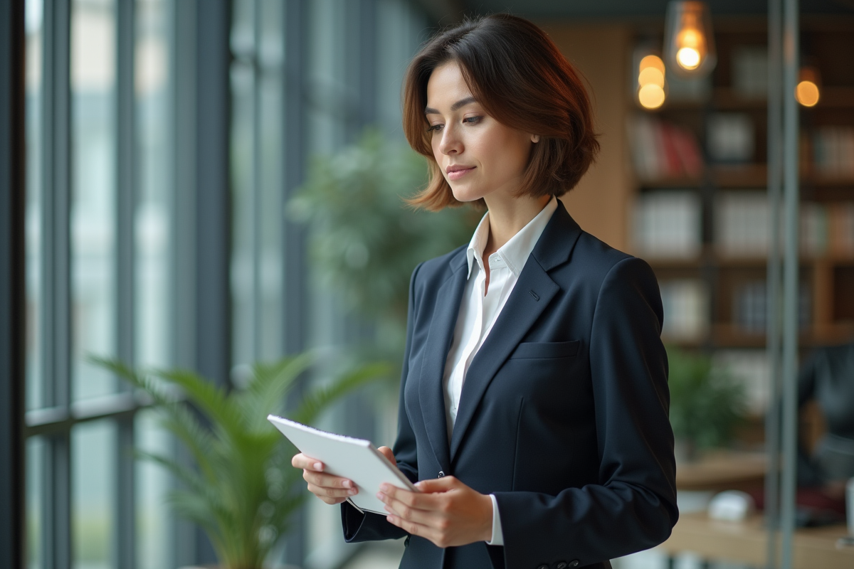 Femme d affaires confiante en costume dans un bureau moderne