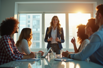 Femme d'affaires confiante dirigeant une équipe dans un bureau moderne