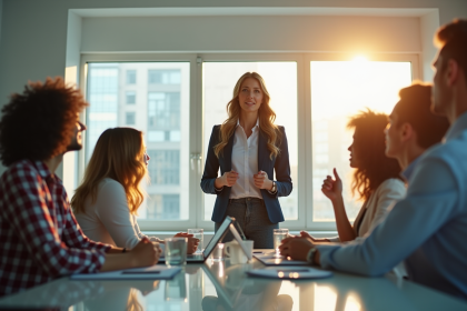 Femme d'affaires confiante dirigeant une équipe dans un bureau moderne