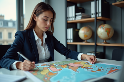 Jeune femme en costume regardant une carte de l'Europe