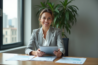 Femme d'affaires confiante avec tablette dans un bureau moderne