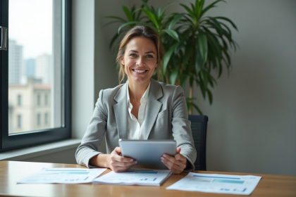 Femme d'affaires confiante avec tablette dans un bureau moderne