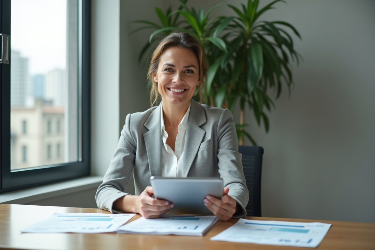 Femme d'affaires confiante avec tablette dans un bureau moderne