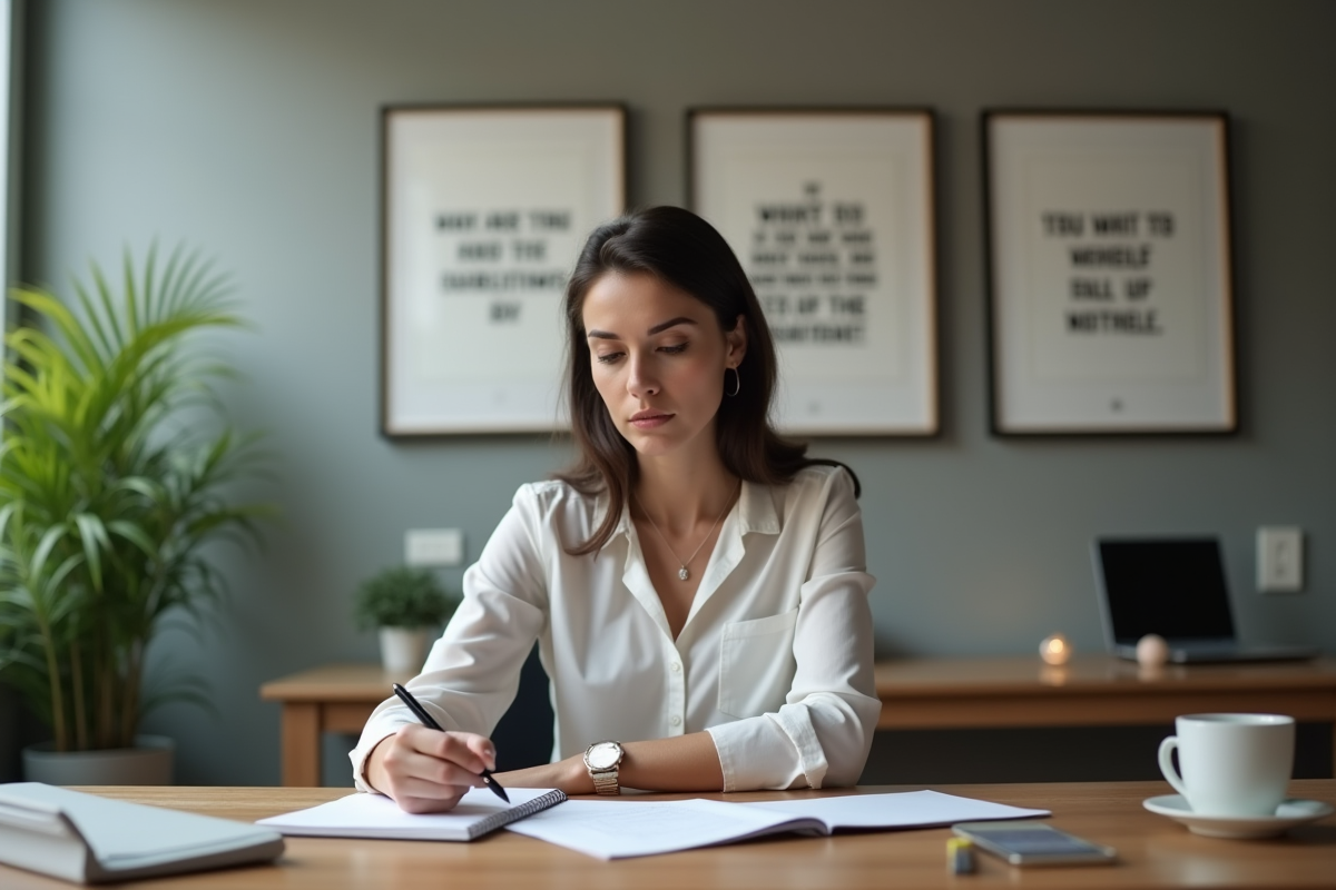 Femme concentrée au bureau avec documents et notes