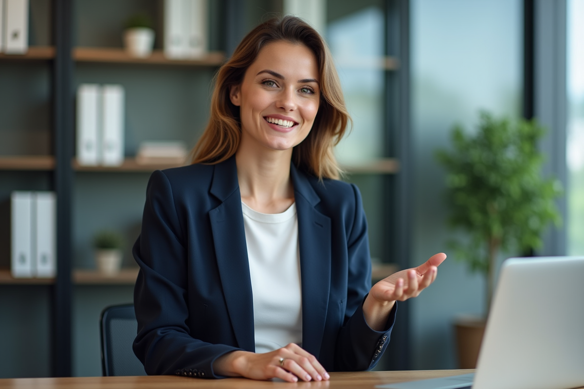 Femme en blazer navy dans un bureau moderne