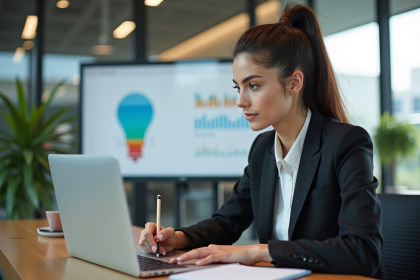 Jeune femme en bureau analysant des graphiques de projets