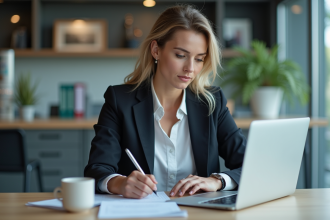 Femme en tenue professionnelle au bureau en pleine réflexion