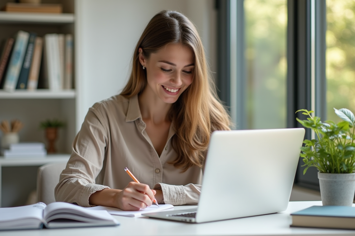 Femme souriante dans un bureau lumineux et organisé