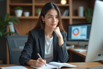 Jeune femme en bureau résumant des notes pour l article