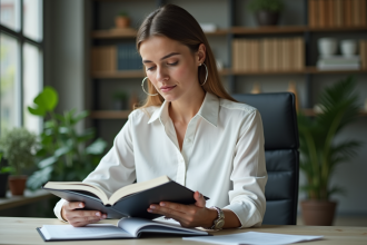 Femme réfléchissant à sa carrière dans un bureau moderne