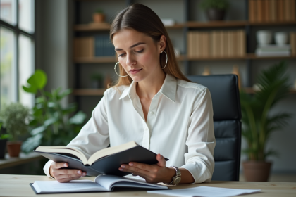 Femme réfléchissant à sa carrière dans un bureau moderne