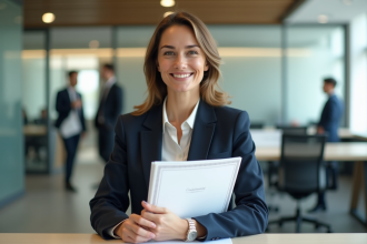 Femme d'affaires souriante avec certificat dans un bureau moderne