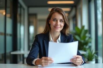Femme confiante en bureau avec documents de certification
