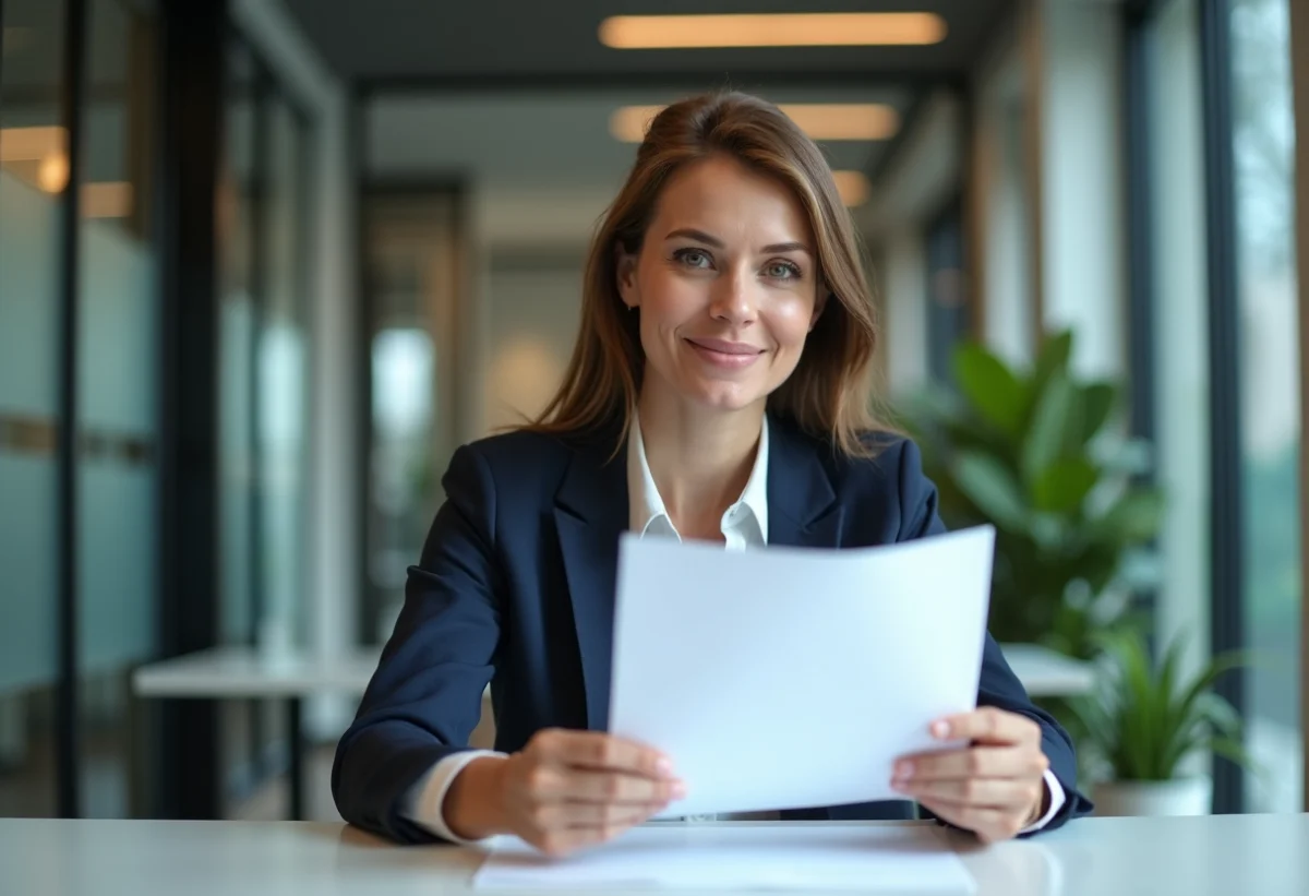 Femme confiante en bureau avec documents de certification