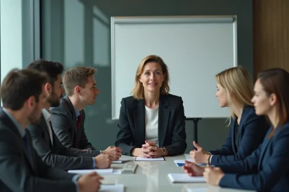 Femme confiante en r&eacute;union d'&eacute;quipe au bureau
