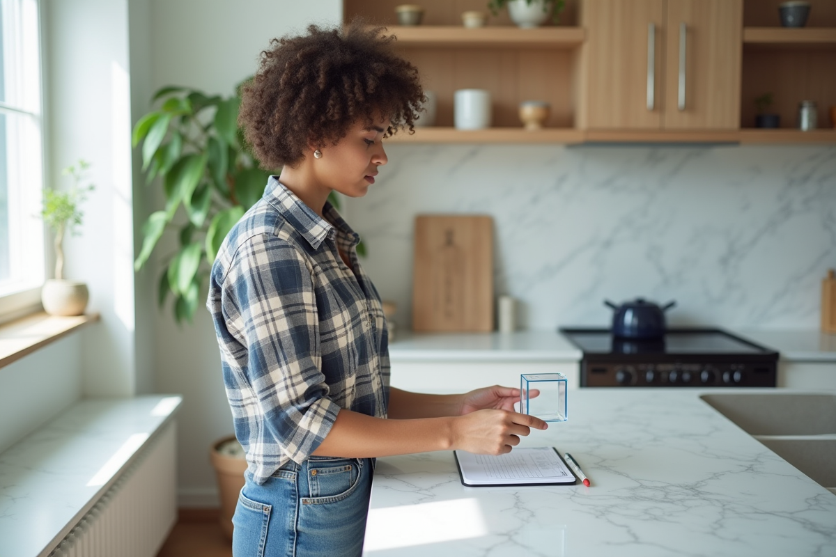 Femme dans la cuisine dessine les dimensions d un cube