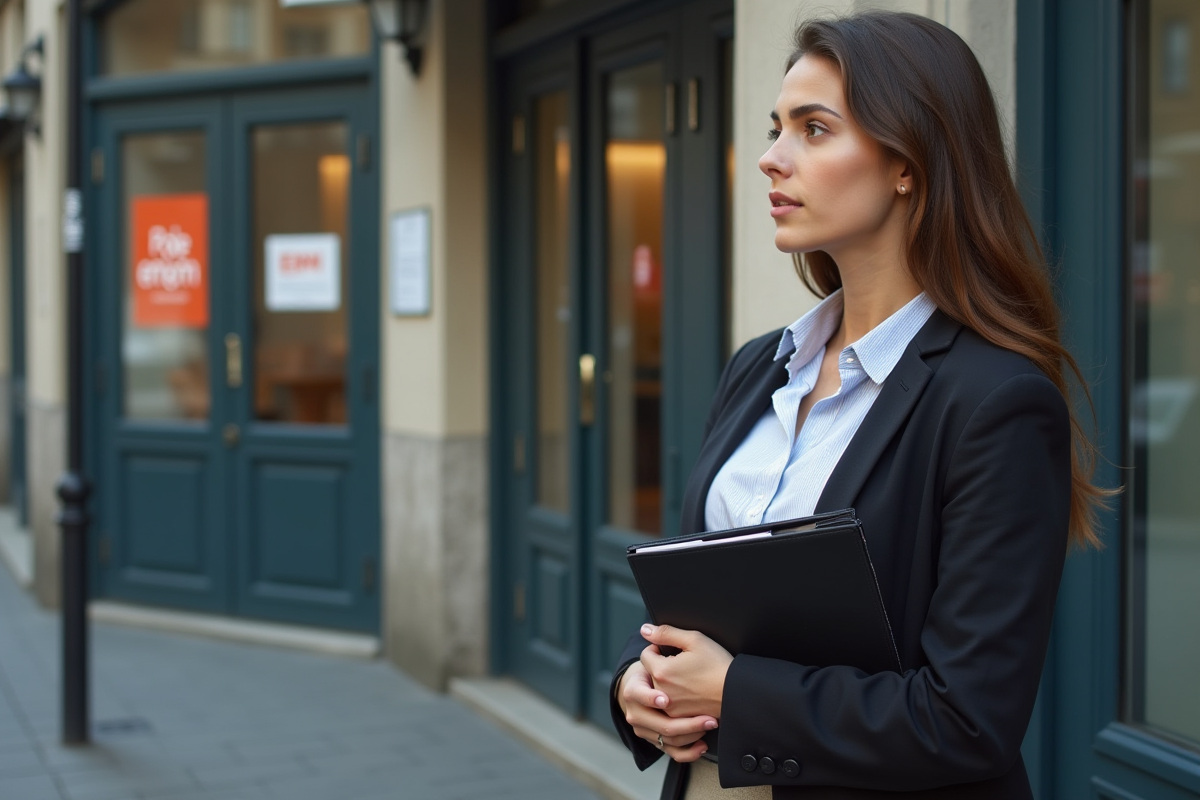 Jeune femme devant un bureau Pôle emploi avec un portfolio