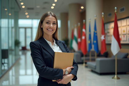 Femme confiante avec diplôme dans un bureau moderne