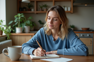 Femme écrivant dans un carnet dans une cuisine chaleureuse
