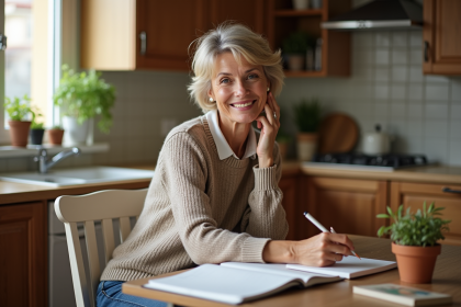 Femme française lisant dans sa cuisine lumineuse