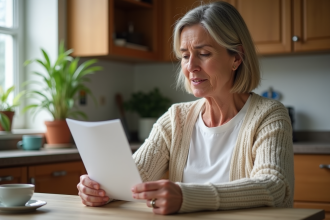 Femme lisant une notice de médicament dans sa cuisine