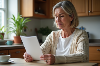Femme lisant une notice de m&eacute;dicament dans sa cuisine