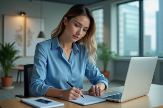 Femme professionnelle concentrée à son bureau moderne